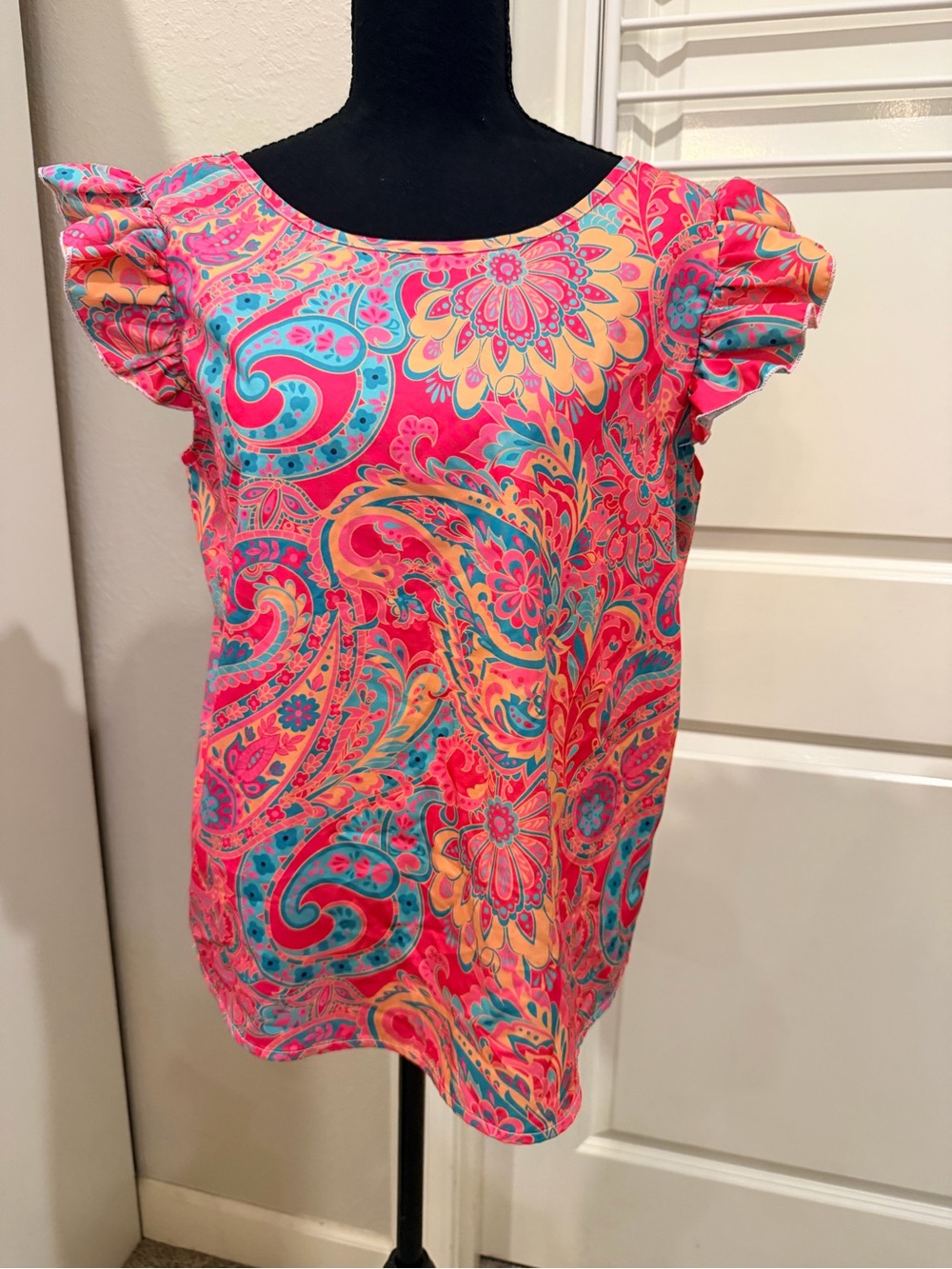 SHEIN Pink & Teal Paisley Ruffle Sleeve Blouse